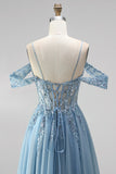 Glitter Espartilho A-Line de ombros frios azul poeirento Espartilho transparente de lantejoulas Vestido de baile longo com apliques