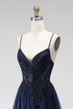 Brilhante Espartilho azul-marinho Linha A Espartilho Aplique Afins Straps finos Vestido de Baile Longo