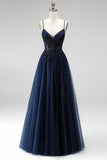 Brilhante Espartilho azul-marinho Linha A Espartilho Aplique Afins Straps finos Vestido de Baile Longo