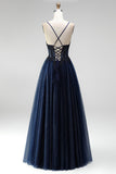 Brilhante Espartilho azul-marinho Linha A Espartilho Aplique Afins Straps finos Vestido de Baile Longo
