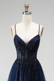 Brilhante Espartilho azul-marinho Linha A Espartilho Aplique Afins Straps finos Vestido de Baile Longo