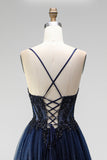 Brilhante Espartilho azul-marinho Linha A Espartilho Aplique Afins Straps finos Vestido de Baile Longo