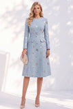 Vestido de trabalho midi azul de decote redondo e decote redondo