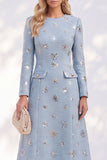 Vestido de trabalho midi azul de decote redondo e decote redondo