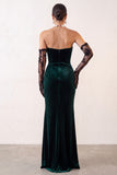 Vestido longo para festa de Natal em veludo verde escuro sem alças, com fenda