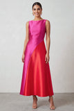 Vestido Formal Midi A-Line em cetim com gola bateau vermelha fúcsia