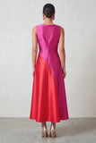 Vestido Formal Midi A-Line em cetim com gola bateau vermelha fúcsia