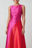 Vestido Formal Midi A-Line em cetim com gola bateau vermelha fúcsia
