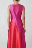Vestido Formal Midi A-Line em cetim com gola bateau vermelha fúcsia