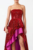 Vestido de festa de festas de Natal em cetim com folhos em linha A vermelha brilhante