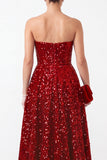 Vestido de festa de festas de Natal em cetim com folhos em linha A vermelha brilhante