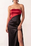 Vestido formal longo sem alças de cetim preto vermelho com bainha e fenda