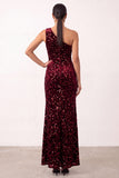 Lantejoulas Borgonha brilhante Veludo de um ombro Vestido longo para festas de Natal com fenda