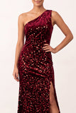Lantejoulas Borgonha brilhante Veludo de um ombro Vestido longo para festas de Natal com fenda