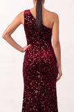 Lantejoulas Borgonha brilhante Veludo de um ombro Vestido longo para festas de Natal com fenda