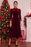 Vestido de Natal Midi Midi de Natal de Natal em veludo e veludo borgonha, linha A, com decote alto e folhos altos
