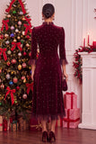 Vestido de Natal Midi Midi de Natal de Natal em veludo e veludo borgonha, linha A, com decote alto e folhos altos
