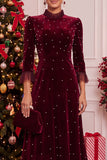 Vestido de Natal Midi Midi de Natal de Natal em veludo e veludo borgonha, linha A, com decote alto e folhos altos