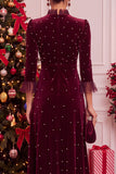 Vestido de Natal Midi Midi de Natal de Natal em veludo e veludo borgonha, linha A, com decote alto e folhos altos