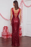 Vestido comprido de festa de Natal de Sereia em cetim em V com lantejoulas vermelhas brilhantes