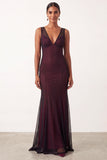 Vestido formal longo sem mangas sem mangas em forma de sereia, preto vermelho e decote em V