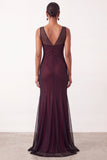 Vestido formal longo sem mangas sem mangas em forma de sereia, preto vermelho e decote em V