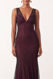 Vestido formal longo sem mangas sem mangas em forma de sereia, preto vermelho e decote em V