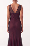 Vestido formal longo sem mangas sem mangas em forma de sereia, preto vermelho e decote em V