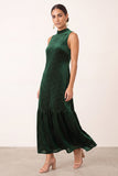 Vestido Midi Midi para festas de Natal em veludo verde escuro com decote alto e folhos