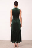 Vestido Midi Midi para festas de Natal em veludo verde escuro com decote alto e folhos