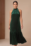 Vestido Midi Midi para festas de Natal em veludo verde escuro com decote alto e folhos