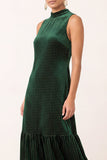 Vestido Midi Midi para festas de Natal em veludo verde escuro com decote alto e folhos