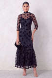 Vestido Midi de Casamento Midi de Casamento Black Mermaid Illusion com gola redonda floral e folhos e mangas 3/4