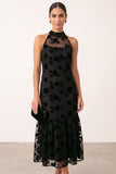 Vestido de Convidado de Noiva Midi em Tule A-Line Halter Floral Illusion Preto