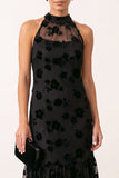 Vestido de Convidado de Noiva Midi em Tule A-Line Halter Floral Illusion Preto