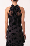 Vestido de Convidado de Noiva Midi em Tule A-Line Halter Floral Illusion Preto