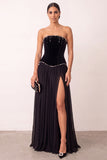 Veludo preto A-Line Strapless Plissado Pérolas de Chiffon Vestido Formal Longo com Fenda