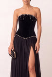 Veludo preto A-Line Strapless Plissado Pérolas de Chiffon Vestido Formal Longo com Fenda