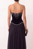 Veludo preto A-Line Strapless Plissado Pérolas de Chiffon Vestido Formal Longo com Fenda