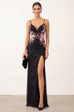 Vestido formal longo com alças finas florais pretas com contas