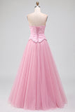 Vestido de finalista longo de finalista de finalistas com bordado em tule em linha A e bordado com missangas