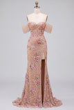 Blush Sheath Out do Shouder Corset, Lantejoulas, Vestido de Baile Longo com Fenda