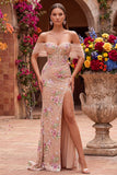 Blush Sheath Out do Shouder Corset, Lantejoulas, Vestido de Baile Longo com Fenda