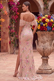 Blush Sheath Out do Shouder Corset, Lantejoulas, Vestido de Baile Longo com Fenda