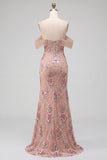 Blush Sheath Out do Shouder Corset, Lantejoulas, Vestido de Baile Longo com Fenda