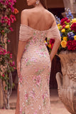 Blush Sheath Out do Shouder Corset, Lantejoulas, Vestido de Baile Longo com Fenda