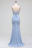Corset de Sereia de Cetim Azul Pérolas, Vestido de Baile Longo Sem Alças e Franzido com Fenda Lateral
