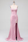 Vestido de baile de baile com pérolas de sereia cor-de-rosa, alças finas, renda em contas, com fenda