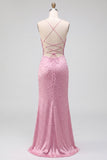 Vestido de baile de baile com pérolas de sereia cor-de-rosa, alças finas, renda em contas, com fenda