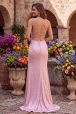 Vestido de baile de baile com pérolas de sereia cor-de-rosa, alças finas, renda em contas, com fenda